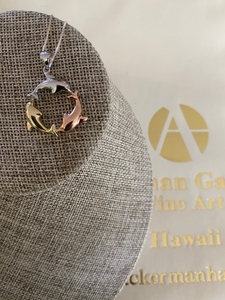 Hawaiian Three Dolphins Tri Colored Pendant and Chain
