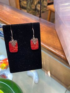 Red Coral Earrings Rectangle with silver