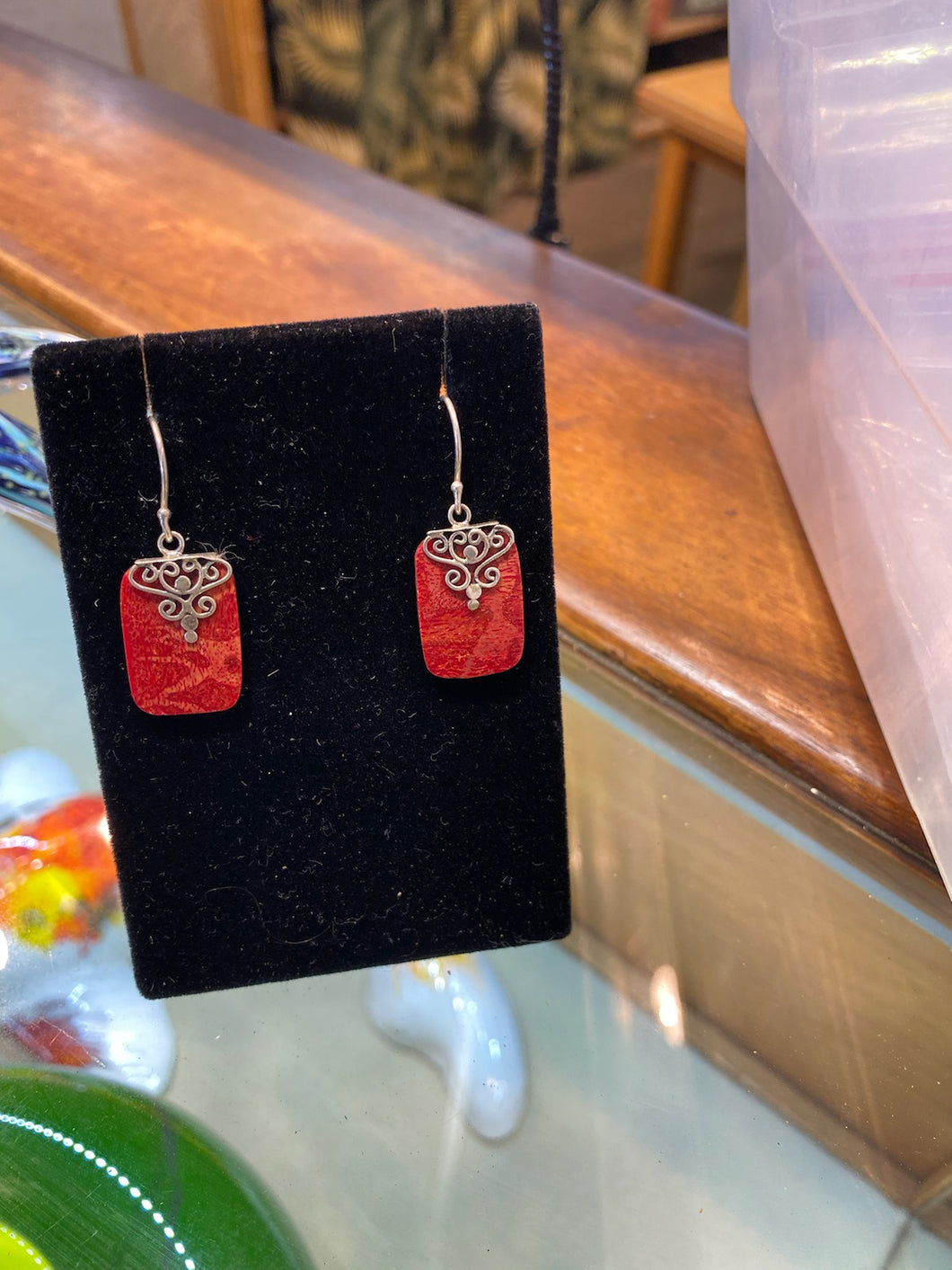 Red Coral Earrings Rectangle with silver