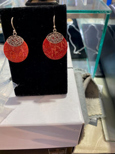 Red Coral Earrings W/ Sterling Silver Round